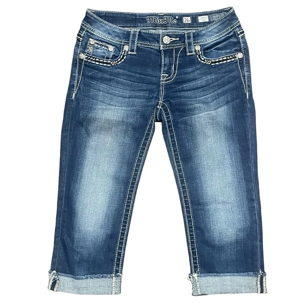 Miss Me Jeans Signature Capri Womens 26 Cuffed Flap Pocket Dark Wash Embellished - Picture 4 of 9